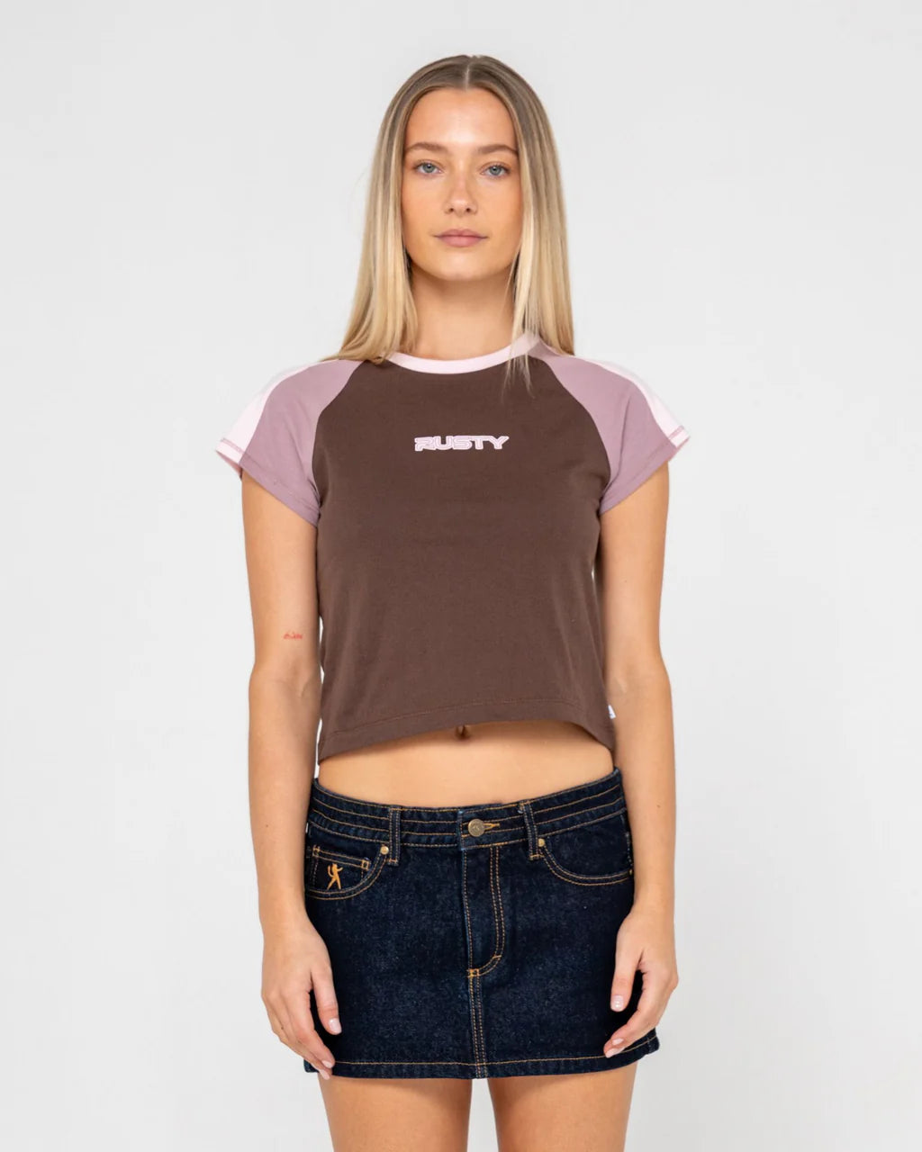 RUSTY BRADLEY RAGLAN BABY TEE FITTED RETRO SURF T-SHIRT JAVA