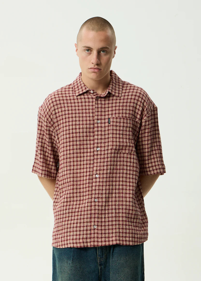 AFENDS CAPRICORN SEERSUCKER SHORT SLEEVE SHIRT HEMP CHECK BURGUNDY