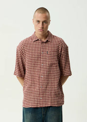 AFENDS CAPRICORN SEERSUCKER SHORT SLEEVE SHIRT HEMP CHECK BURGUNDY