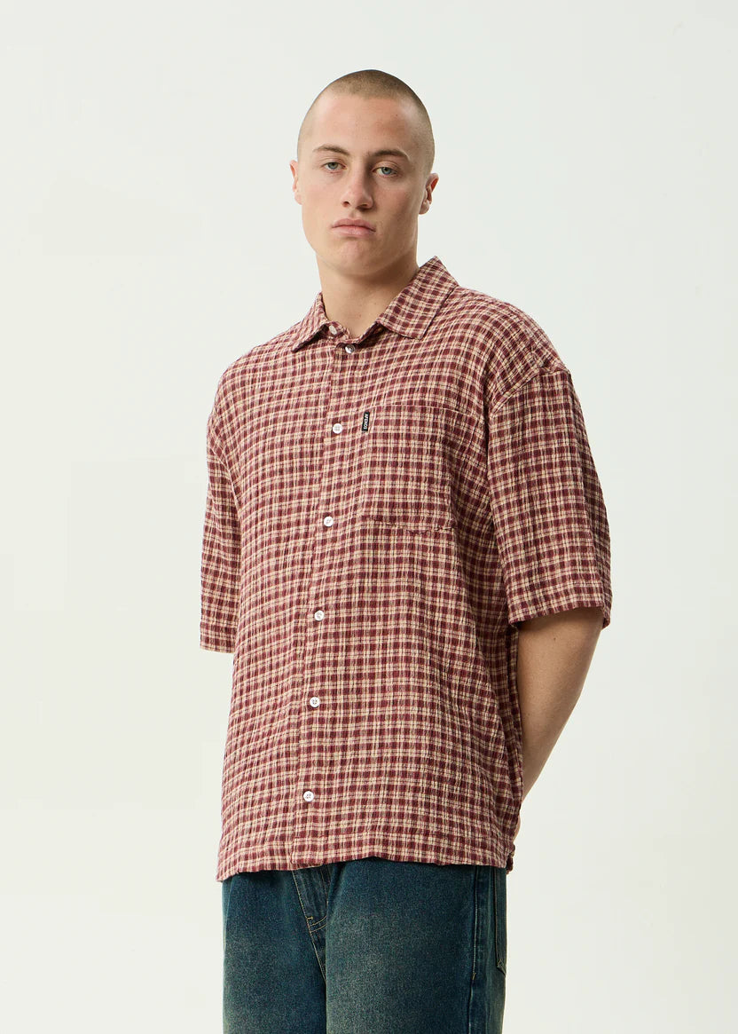 AFENDS CAPRICORN SEERSUCKER SHORT SLEEVE SHIRT HEMP CHECK BURGUNDY