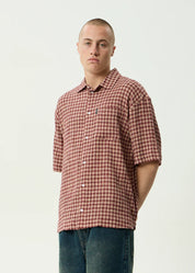 AFENDS CAPRICORN SEERSUCKER SHORT SLEEVE SHIRT HEMP CHECK BURGUNDY