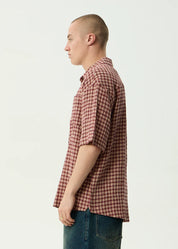 AFENDS CAPRICORN SEERSUCKER SHORT SLEEVE SHIRT HEMP CHECK BURGUNDY