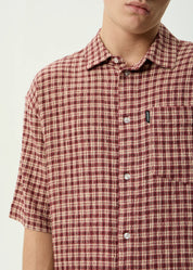 AFENDS CAPRICORN SEERSUCKER SHORT SLEEVE SHIRT HEMP CHECK BURGUNDY