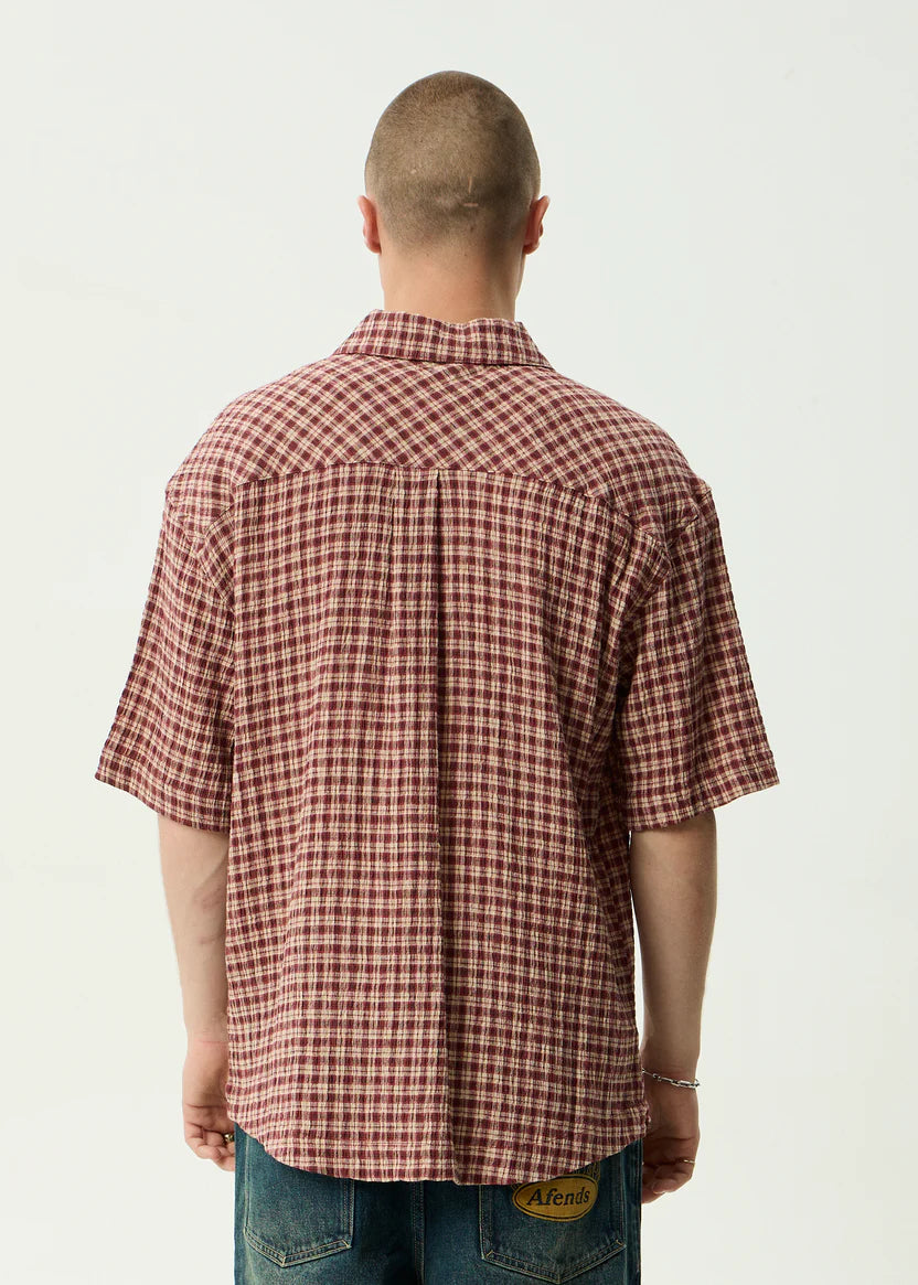 AFENDS CAPRICORN SEERSUCKER SHORT SLEEVE SHIRT HEMP CHECK BURGUNDY