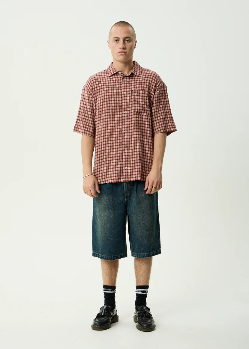 AFENDS CAPRICORN SEERSUCKER SHORT SLEEVE SHIRT HEMP CHECK BURGUNDY