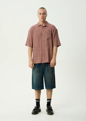 AFENDS CAPRICORN SEERSUCKER SHORT SLEEVE SHIRT HEMP CHECK BURGUNDY