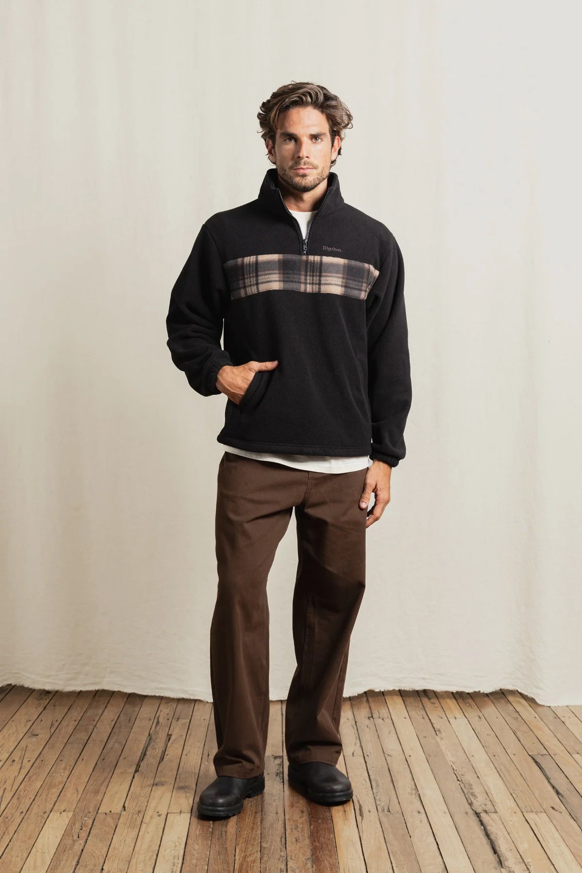 RHYTHM CHECKERED FLEECE QUARTER ZIP BLACK