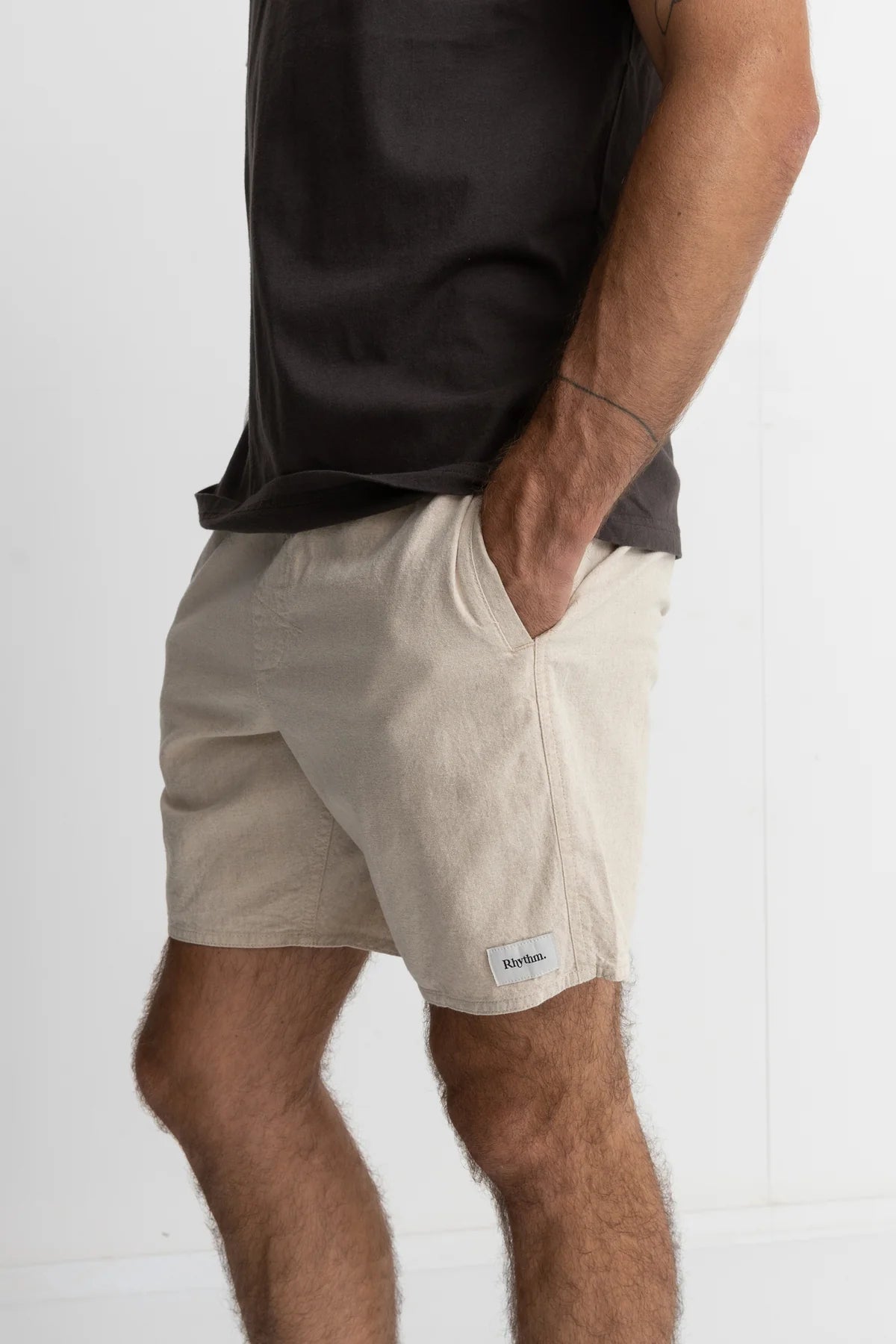 RHYTHM CLASSIC LINEN JAM MENS 17 INCH ELASTIC WAIST SHORT SAND