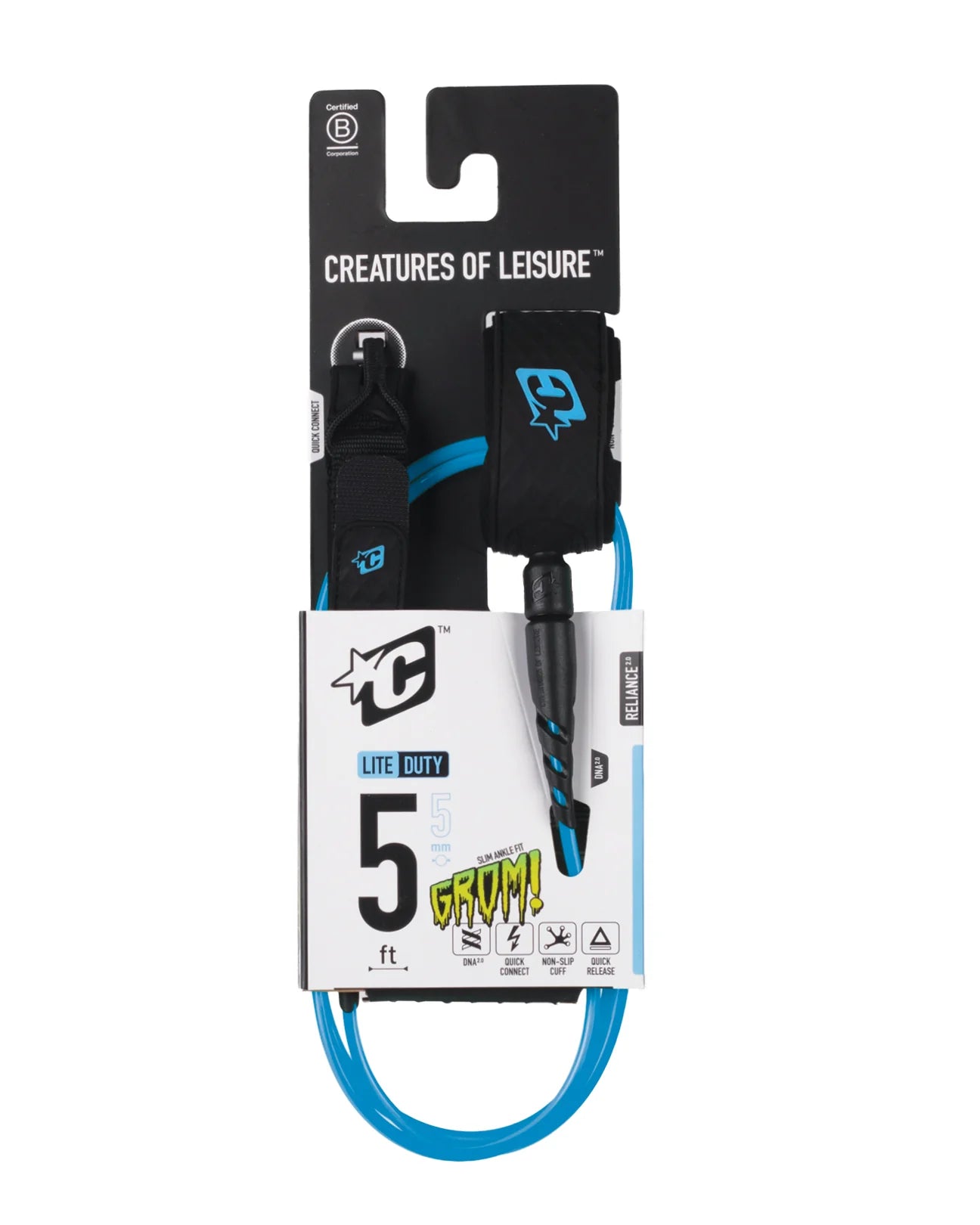 CREATURES OF LEISURE RELIANCE 2.0 LITE DUTY 5FT SURFBOARD LEASH - CYAN TWIST BLACK