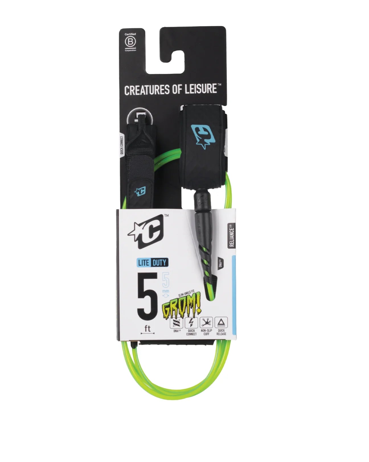 CREATURES OF LEISURE RELIANCE 2.0 LITE DUTY 5FT SLIM CUFF LEASH - PINE LIME TWIST BLACK