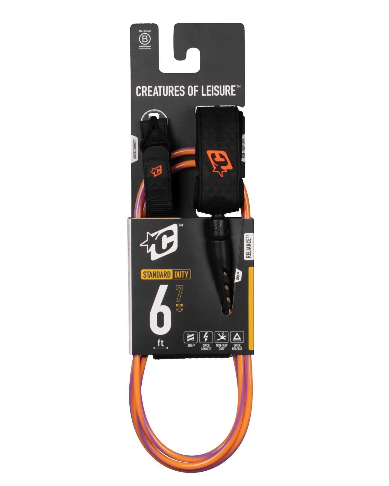 CREATURES OF LEISURE RELIANCE 2.0 STANDARD DUTY 6FT SURF LEASH HIGH-VIS PURPLE TWIST BLACK