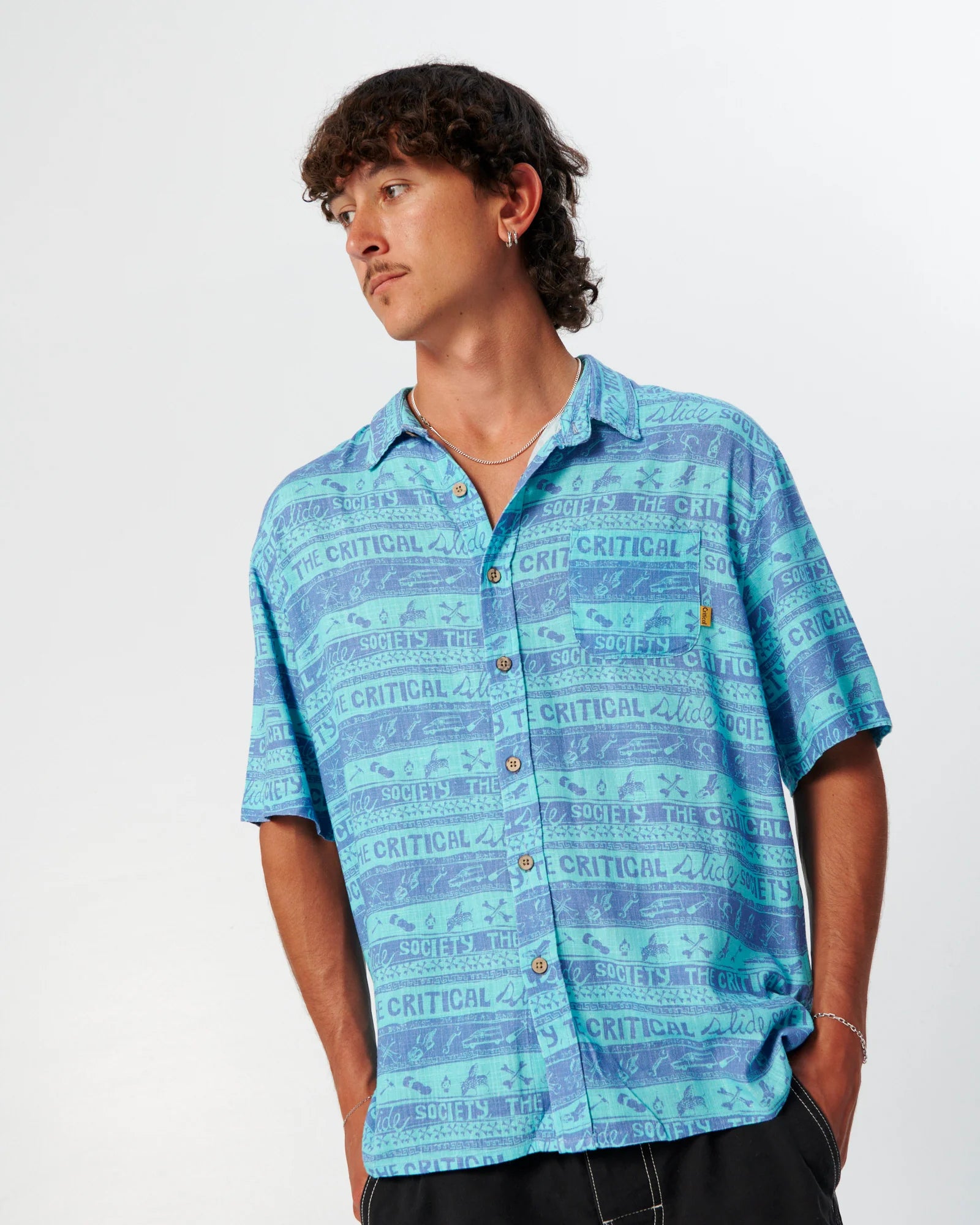 THE CRITICAL SLIDE MYTH LINEN RESORT SHIRT ARTIST COLLAB GERRY WEDD BLUE
