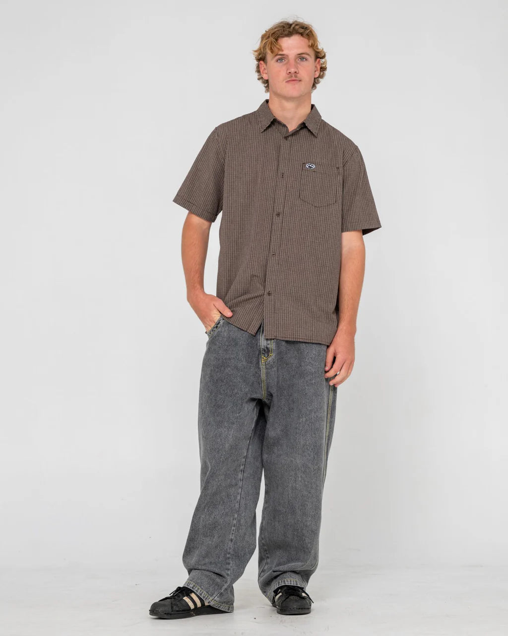 RUSTY DATSUN CHECK SHIRT MENS PLAID SURF STREET BUTTON UP JAVA