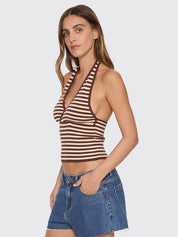 THRILLS DAYNA KNIT HALTER TOP RETRO SUMMER STRIPE FIT BUTTER CREAM