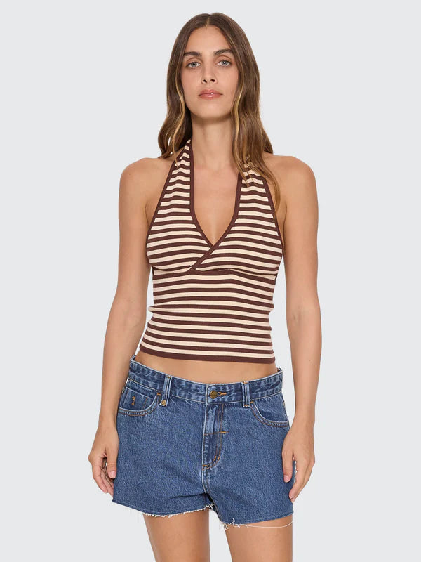 THRILLS DAYNA KNIT HALTER TOP RETRO SUMMER STRIPE FIT BUTTER CREAM