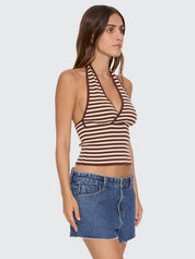 THRILLS DAYNA KNIT HALTER TOP RETRO SUMMER STRIPE FIT BUTTER CREAM