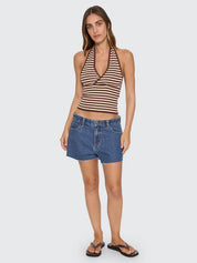 THRILLS DAYNA KNIT HALTER TOP RETRO SUMMER STRIPE FIT BUTTER CREAM