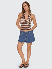 THRILLS DAYNA KNIT HALTER TOP RETRO SUMMER STRIPE FIT BUTTER CREAM