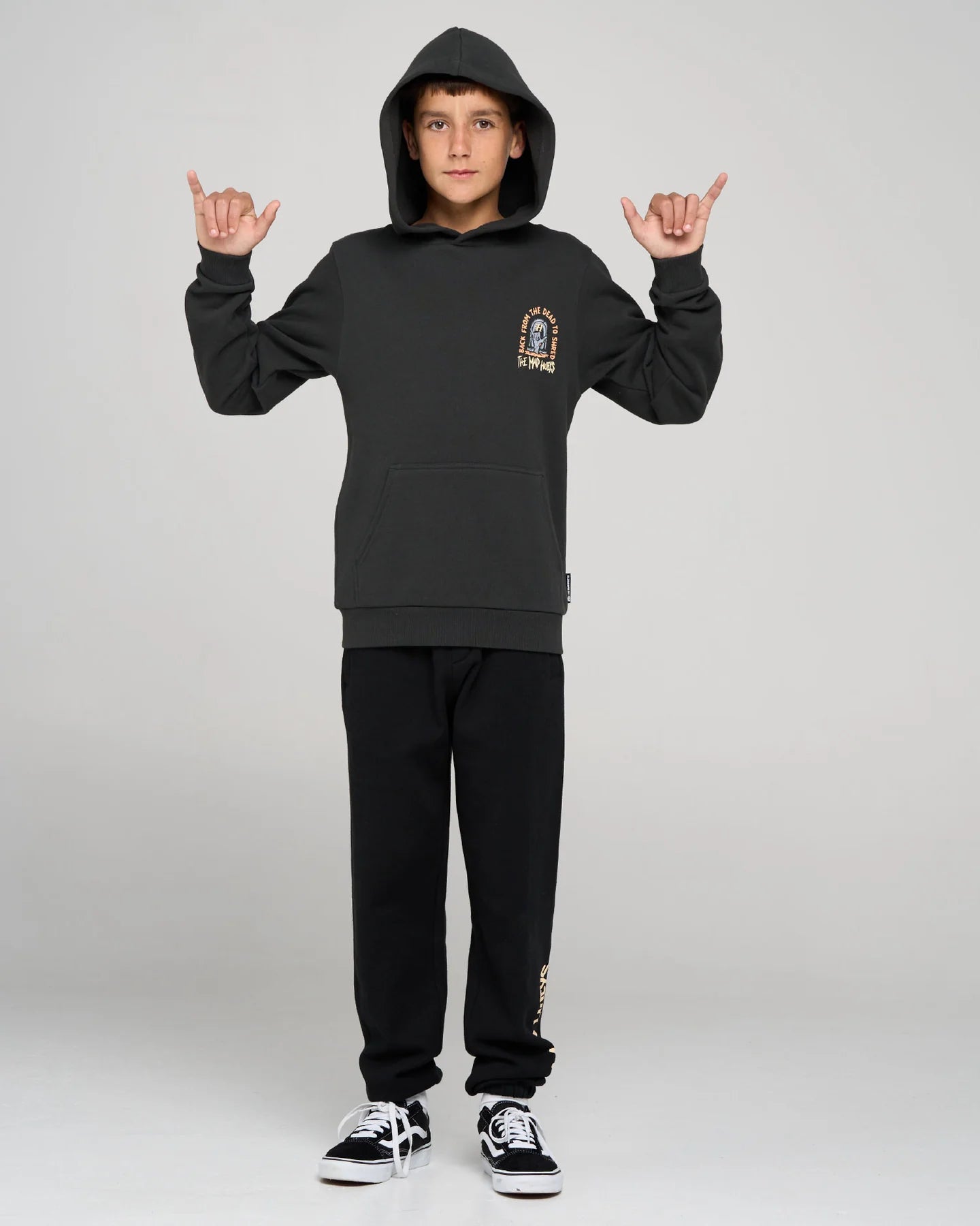 THE MAD HUEYS DEAD SHRED YOUTH HOODED PULLOVER KIDS FLEECE HOODIE VINTAGE BLACK