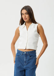 AFENDS ELIZA RIB SLEEVELESS SHIRT ORGANIC BUTTON TOP WHITE