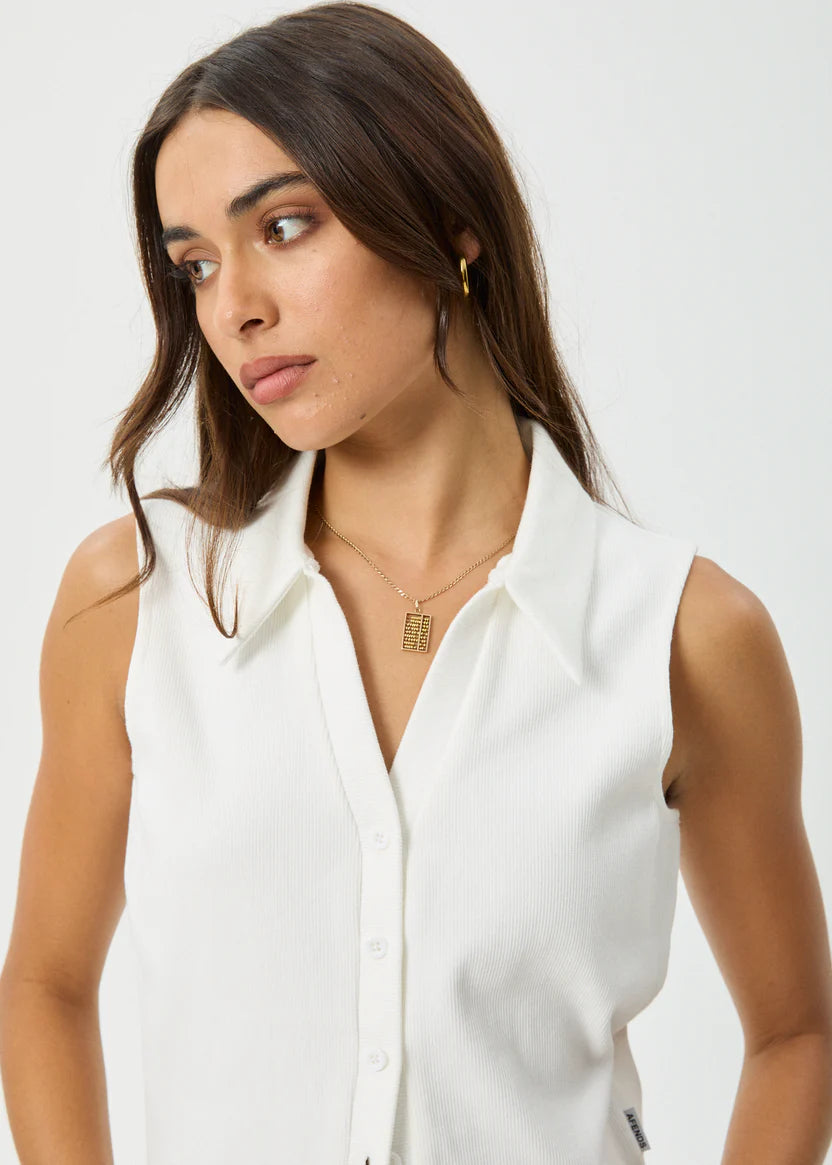 AFENDS ELIZA RIB SLEEVELESS SHIRT ORGANIC BUTTON TOP WHITE