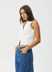 AFENDS ELIZA RIB SLEEVELESS SHIRT ORGANIC BUTTON TOP WHITE