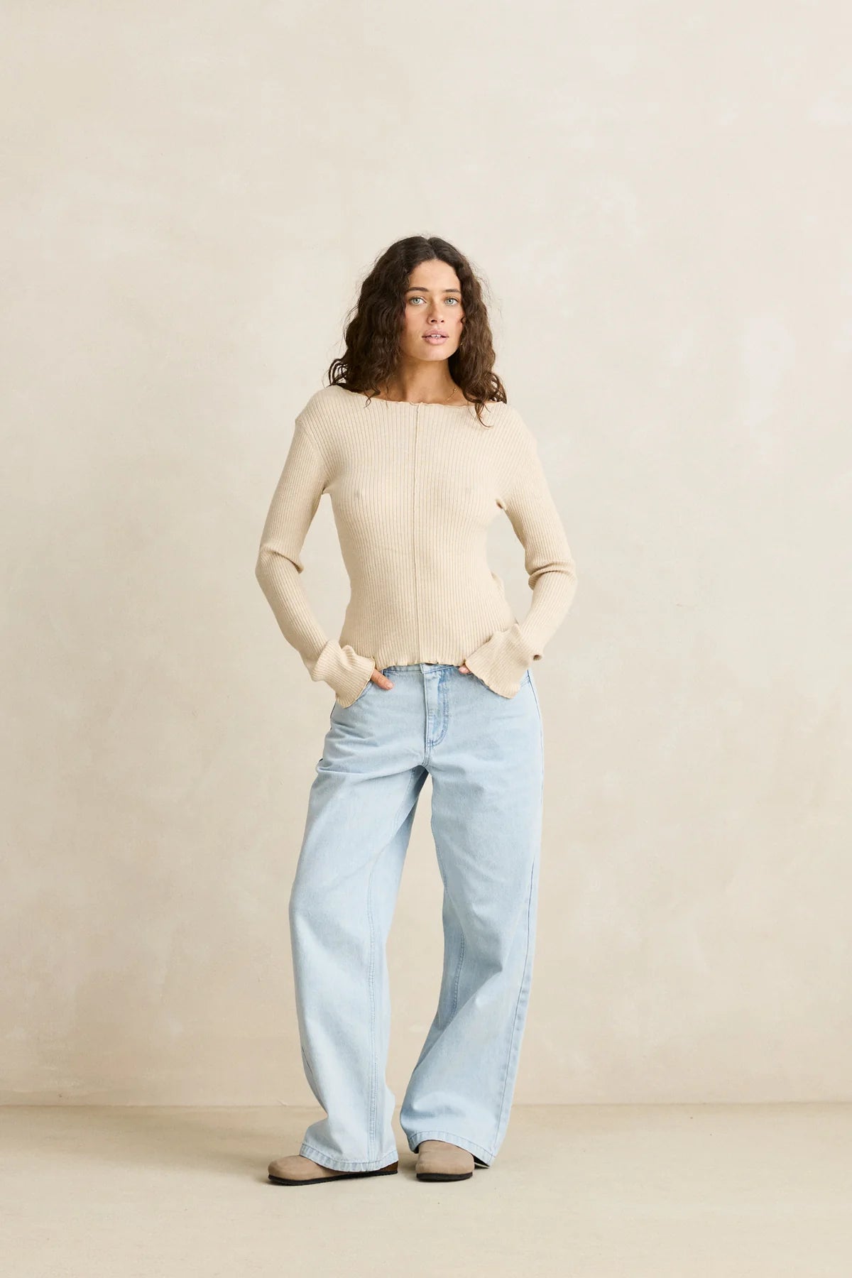RHYTHM ESSENTIAL LONG SLEEVE KNIT TOP WHITE MARLE