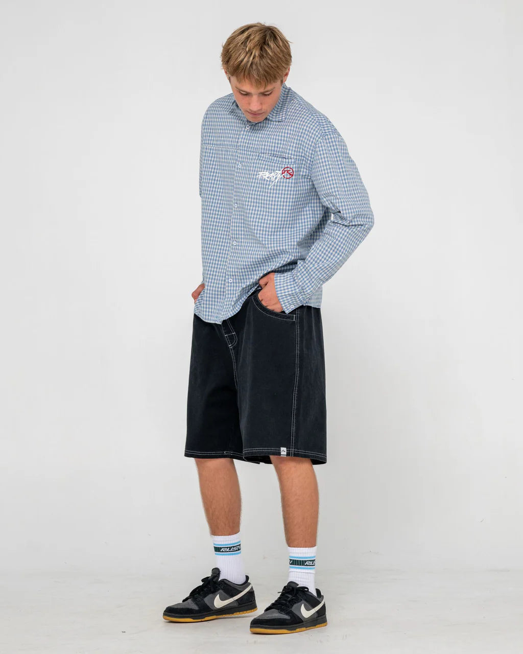 RUSTY FLIP DADDY 23 INCH ELASTIC BAGGY SHORT BLACK MENS SURF SHORTS