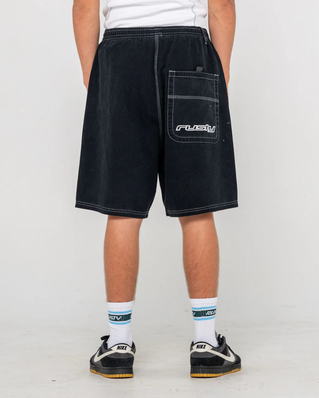 RUSTY FLIP DADDY 23 INCH ELASTIC BAGGY SHORT BLACK MENS SURF SHORTS