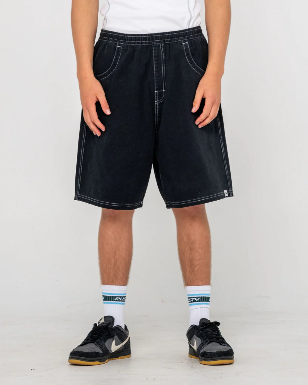 RUSTY FLIP DADDY 23 INCH ELASTIC BAGGY SHORT BLACK MENS SURF SHORTS