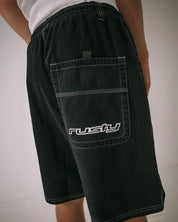 RUSTY FLIP DADDY 23 INCH ELASTIC BAGGY SHORT BLACK MENS SURF SHORTS
