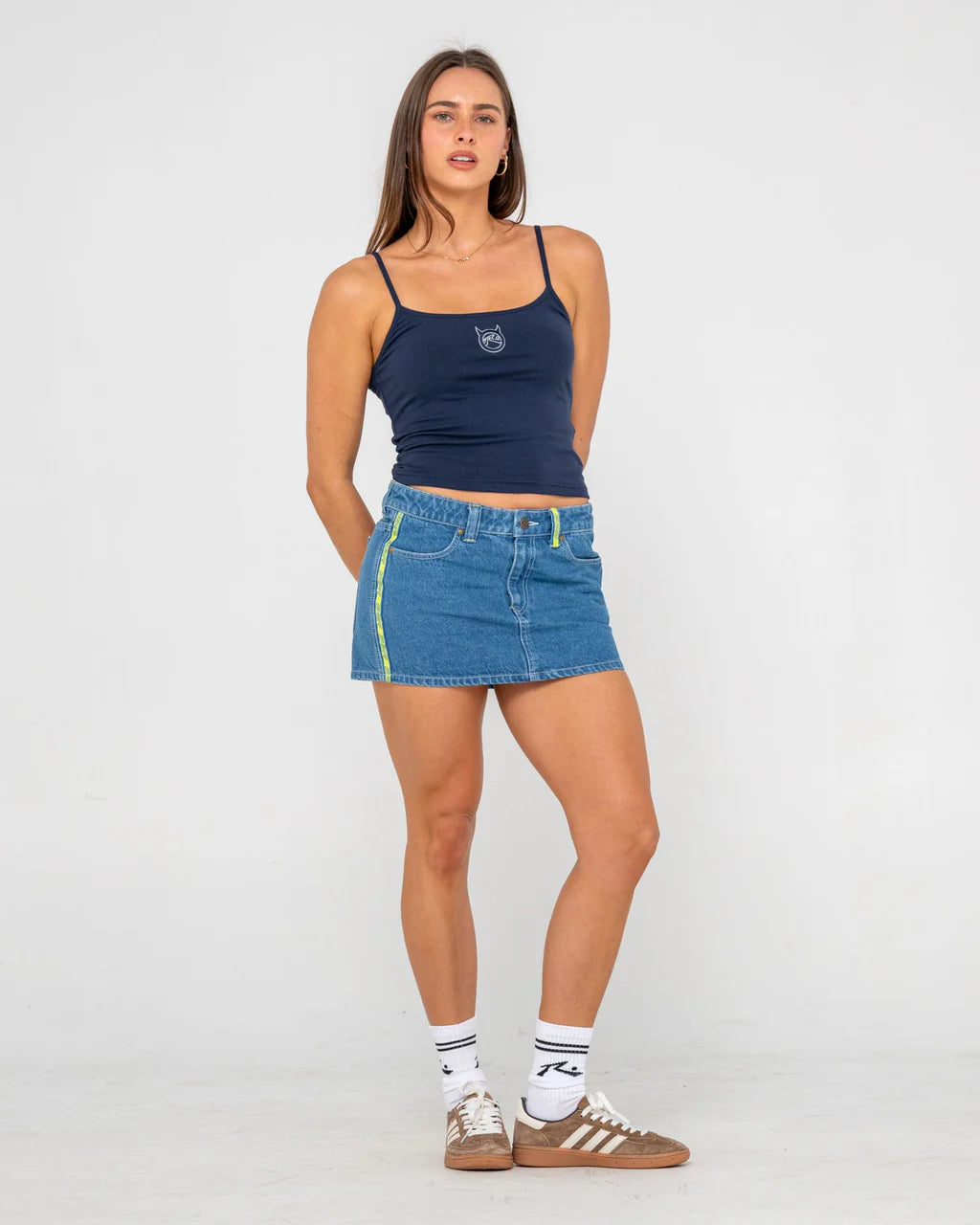 RUSTY FLIP MOMMY LOW RISE MINI DENIM SKIRT WOMENS MIDDY BLUE LIME