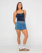 RUSTY FLIP MOMMY LOW RISE MINI DENIM SKIRT WOMENS MIDDY BLUE LIME
