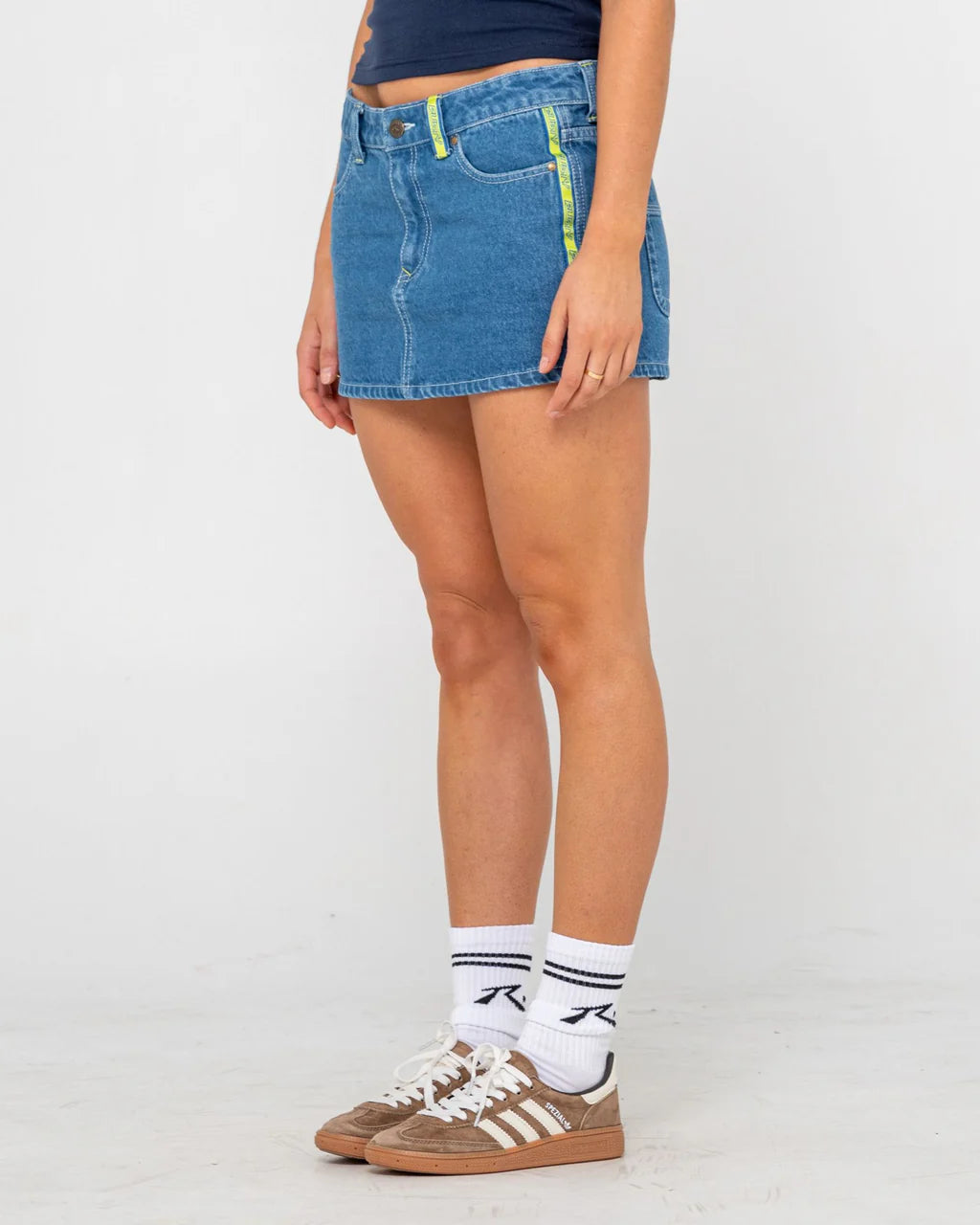 RUSTY FLIP MOMMY LOW RISE MINI DENIM SKIRT WOMENS MIDDY BLUE LIME