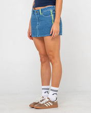 RUSTY FLIP MOMMY LOW RISE MINI DENIM SKIRT WOMENS MIDDY BLUE LIME