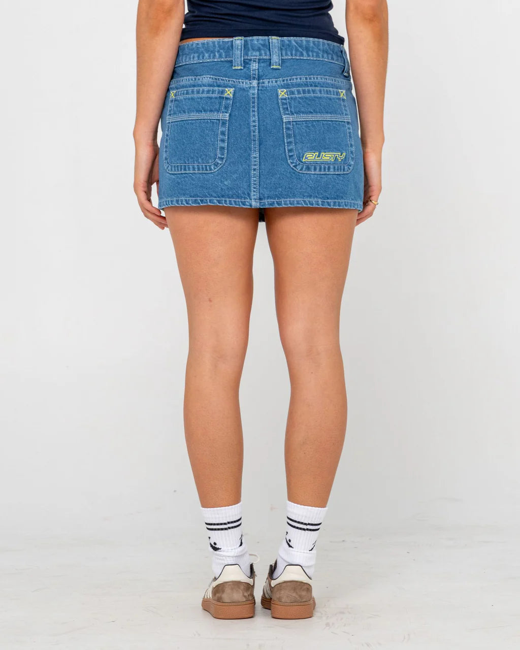 RUSTY FLIP MOMMY LOW RISE MINI DENIM SKIRT WOMENS MIDDY BLUE LIME