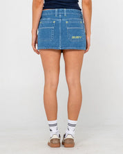 RUSTY FLIP MOMMY LOW RISE MINI DENIM SKIRT WOMENS MIDDY BLUE LIME