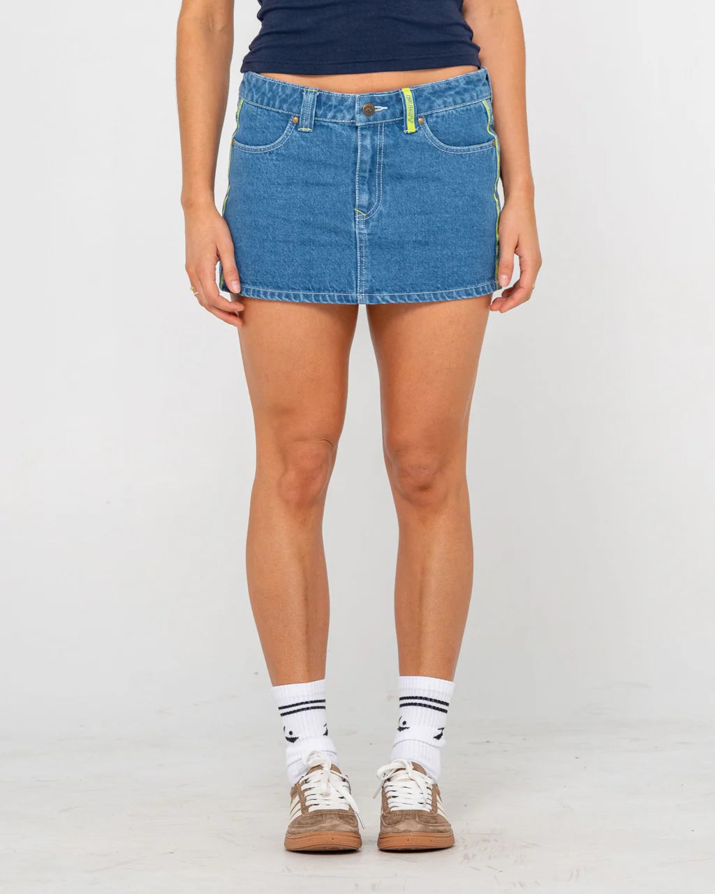 RUSTY FLIP MOMMY LOW RISE MINI DENIM SKIRT WOMENS MIDDY BLUE LIME