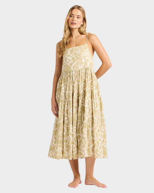 BILLABONG FLORAL TRIP LOST LOVE WOMENS MIDI DRESS CACTUS SUMMER BEACH DRESS