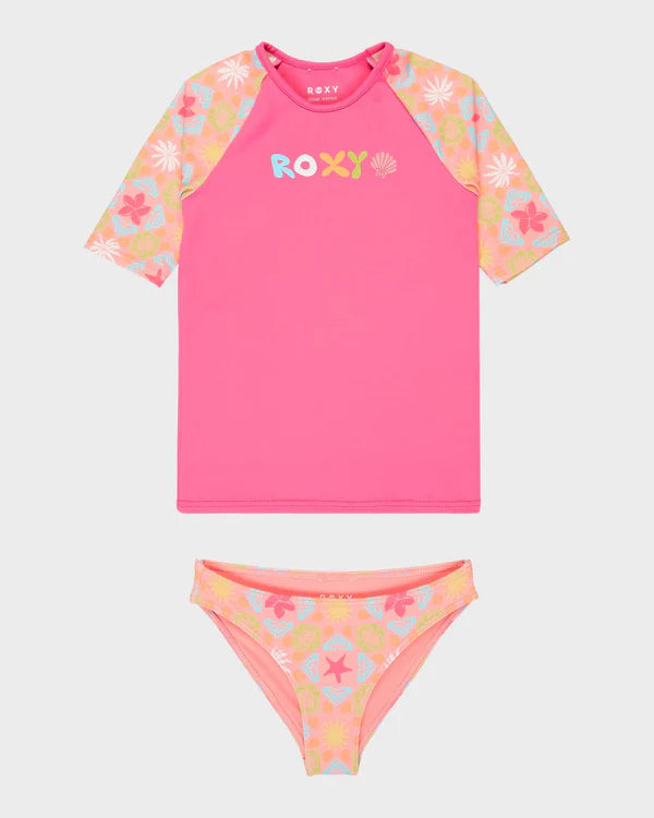 ROXY GIRLS CHECK LYCRA RASH VEST SET TODDLER SWIM PLUMERIA PRINT