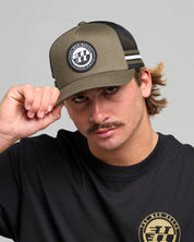 THE MAD HUEYS H SERIES SPLIT TWILL TRUCKER CAP MEN’S MESH SNAPBACK OLIVE