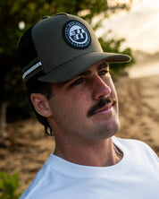 THE MAD HUEYS H SERIES SPLIT TWILL TRUCKER CAP MEN’S MESH SNAPBACK OLIVE