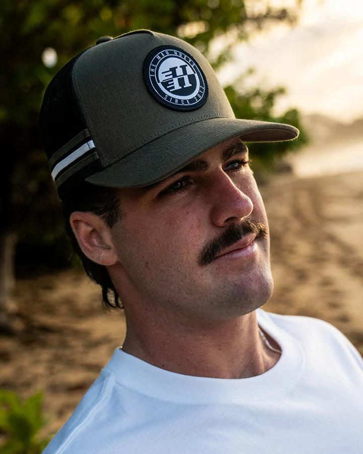 THE MAD HUEYS H SERIES SPLIT TWILL TRUCKER CAP MEN’S MESH SNAPBACK OLIVE