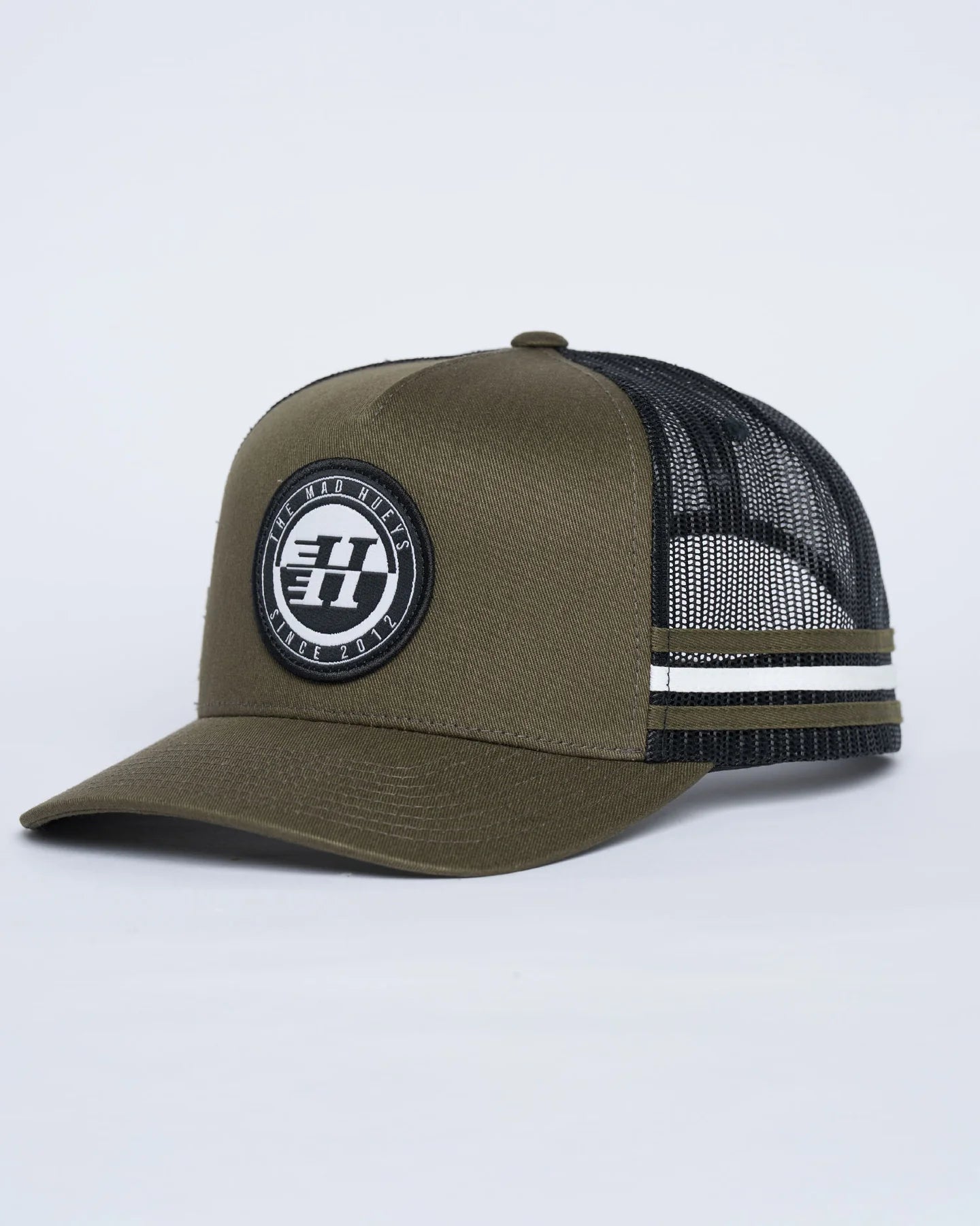 THE MAD HUEYS H SERIES SPLIT TWILL TRUCKER CAP MEN’S MESH SNAPBACK OLIVE