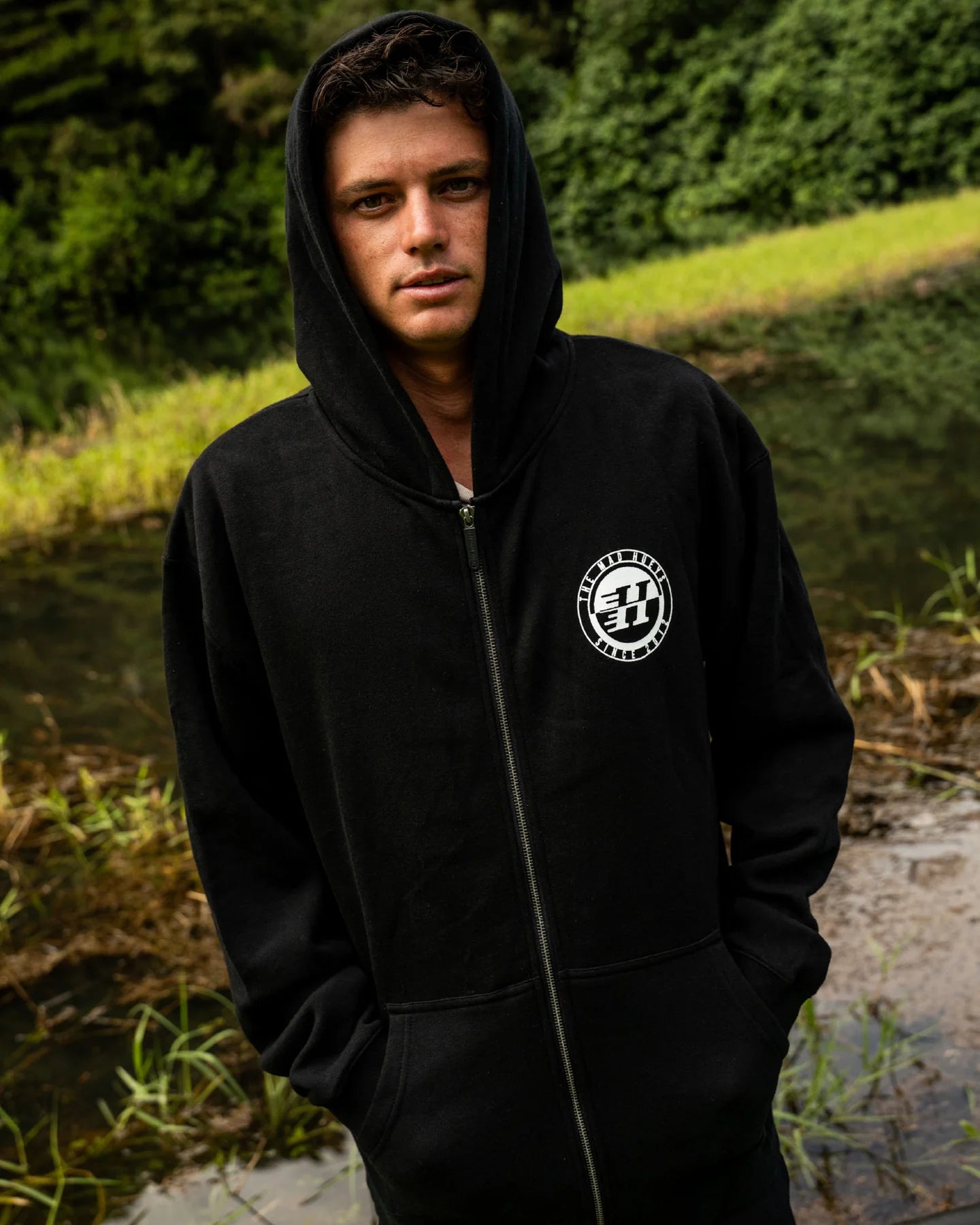 THE MAD HUEYS H SERIES SPLIT ZIP HOODIE MEN’S FLEECE HOODED JACKET BLACK