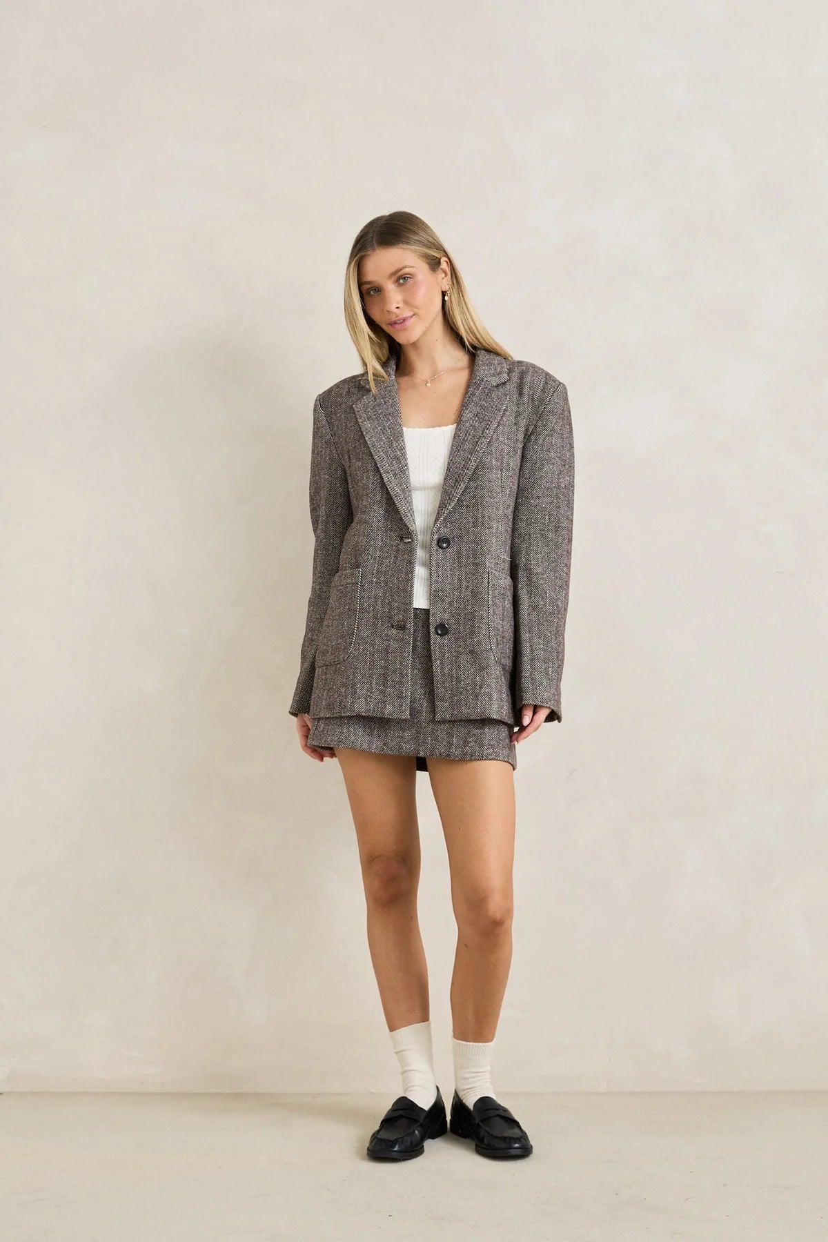 RHYTHM HERRINGBONE BLAZER WOMENS BOYFRIEND FIT CAFE