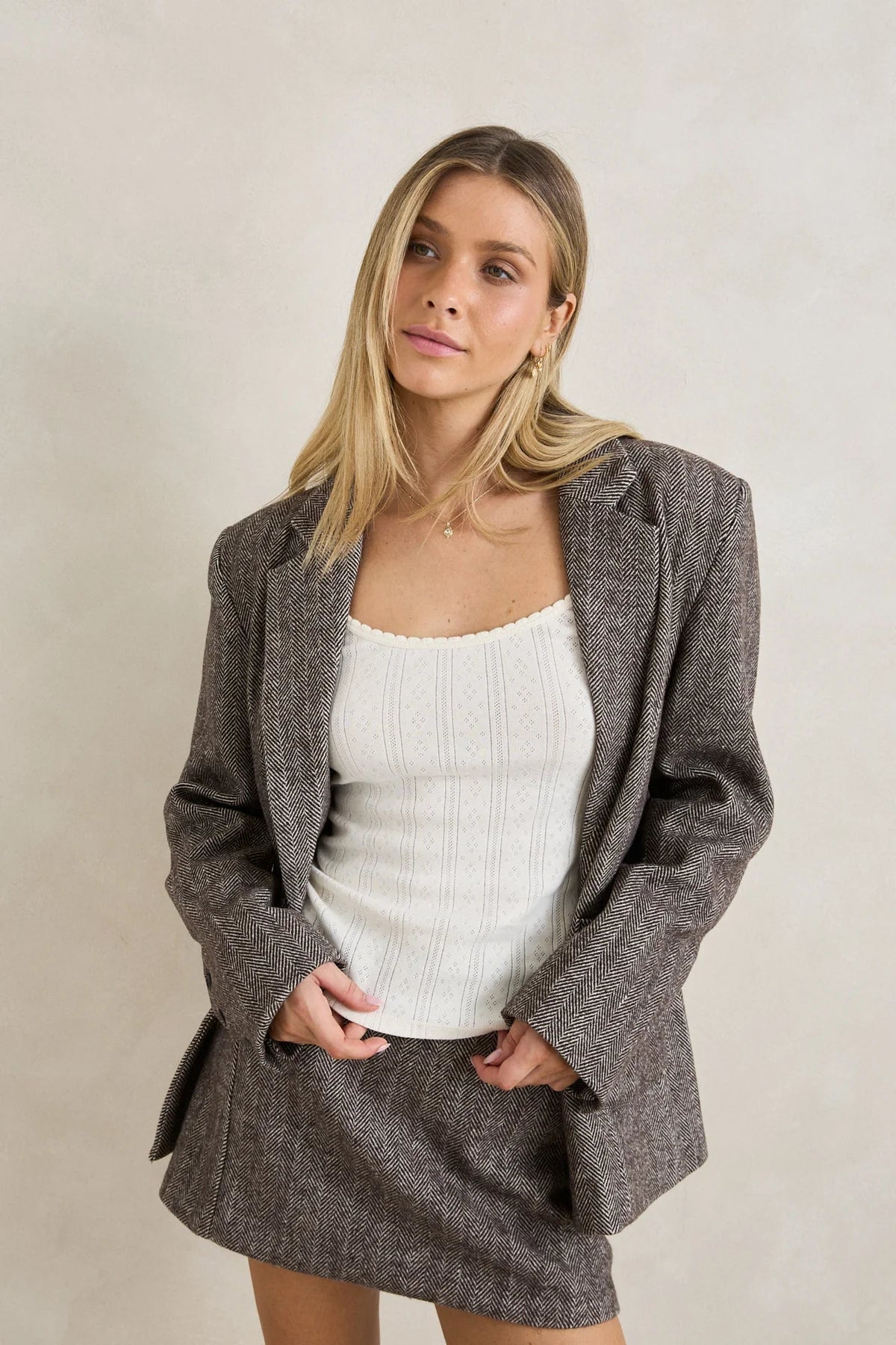 RHYTHM HERRINGBONE BLAZER WOMENS BOYFRIEND FIT CAFE