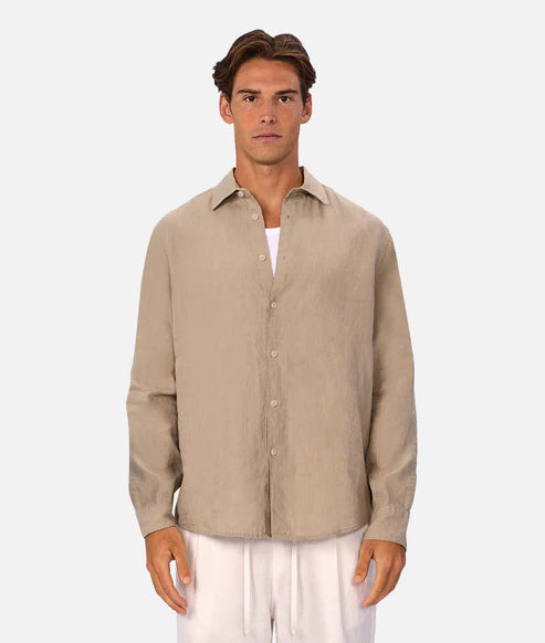 INDUSTRIE ST MARTINS LONG SLEEVE LINEN SHIRT MENS LIGHTWEIGHT SUMMER FIT – FAWN