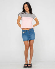 RUSTY INSERT DAD JOKE BABY POLO RETRO STRIPE FITTED TOP PINK GREY