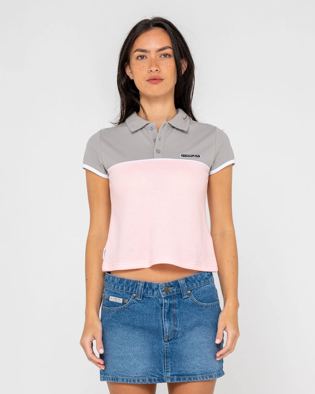 RUSTY INSERT DAD JOKE BABY POLO RETRO STRIPE FITTED TOP PINK GREY